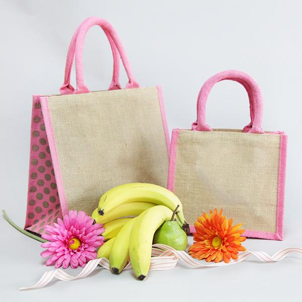 Natural Jute Pink Polka Dot Trim Bags with Luxury Padded Handles